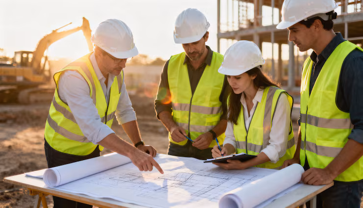 Ajay Homes team of engineers and site experts reviewing plans at a construction site
